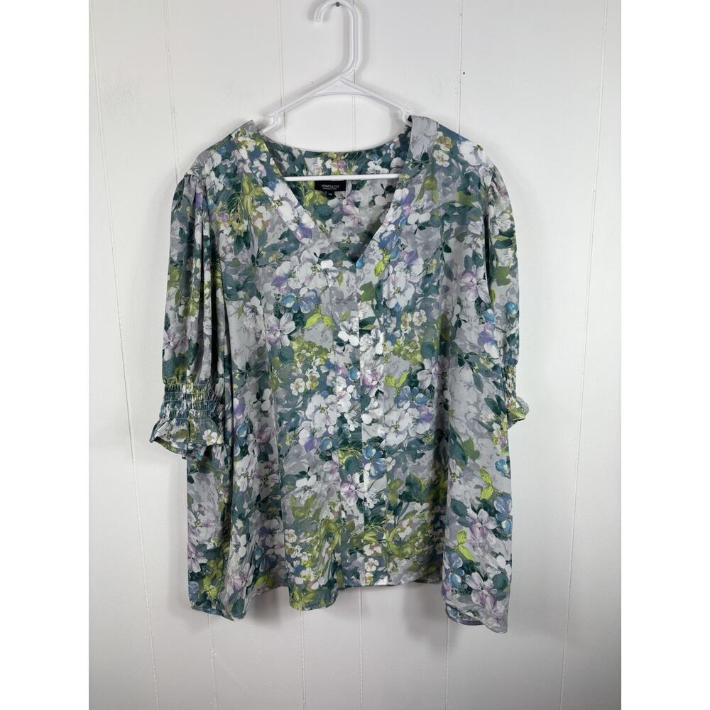 Jones & Co Blouse Women's Size 2X Floral Multicolored Pastel Sheer Pullover